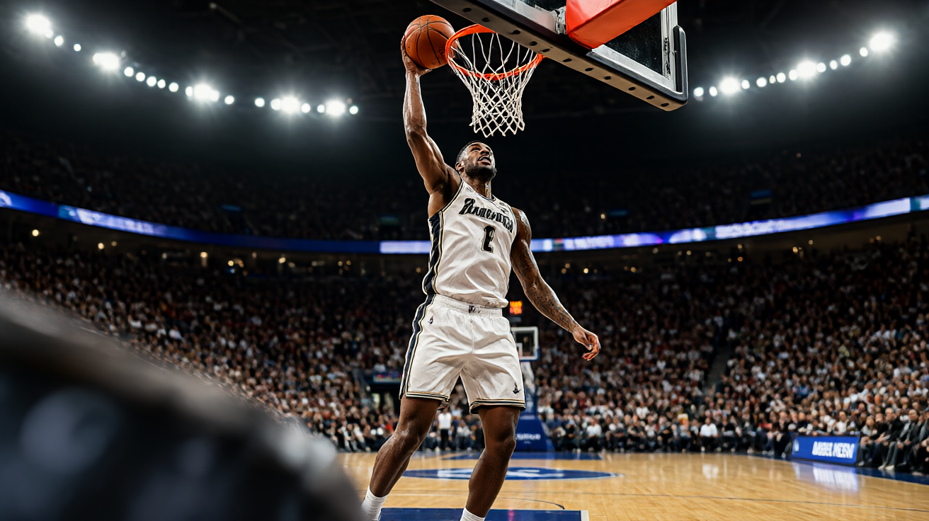 NBA篮球比赛现场，球员扣篮瞬间